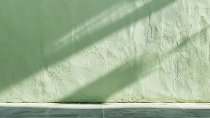 Light Green Plaster Wall with Shadows of Sunlight. Elegant Background for Product Presentation