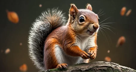 Fotobehang Compose an image of a cute squirrel holding a nut with its tiny paws. Pay attention to the ultra-realistic details of the squirrel's fur, the texture of the nut-AI Generative © Sbahat