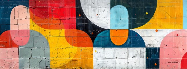 Abstract painted mural on a wall with a bold interplay of geometric shapes in contrasting colors of black, white, red, and yellow.