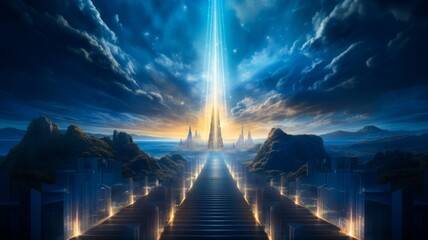 Digital art of a door to the future a pathway of bright prospects leading to business success