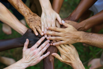 Diversity, equality and inclusion concept. Group of many hands of different races and ethnicities together united against discrimination and racism