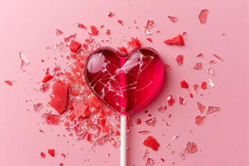 Heart shaped lollipop broken into pieces against a pink background. Broken heart, end of a love relationship concept