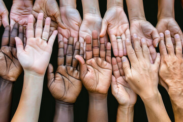 Diversity, equality and inclusion concept. Group of many palms of hands of different races and ethnicities together united against discrimination and racism
