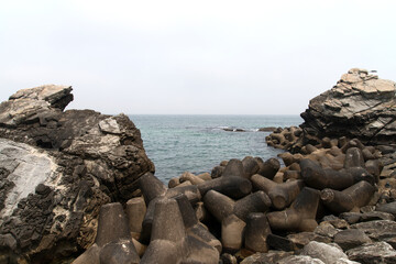 Fototapeta na wymiar seascape with rocks and tetrapods