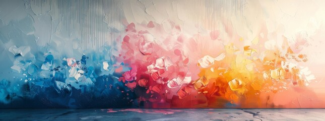 Surreal mural with a sweeping blend of floral-like shapes and a gradient from deep blue to vivid red and soft pink, creating a dreamlike ambiance. - obrazy, fototapety, plakaty