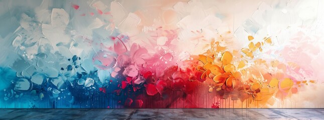 Surreal mural with a sweeping blend of floral-like shapes and a gradient from deep blue to vivid red and soft pink, creating a dreamlike ambiance.