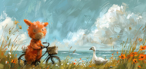 a painting of a teddy bear riding a bike next to a body of water with a swan in the background.