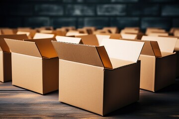 Many open paper boxes on a brick wall background.