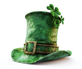 Old green leprechaun hat decorated hat decorated with clover leaves isolated on white background. St. Patrick's Day symbol. AI generated