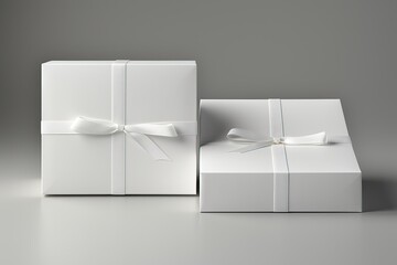 White gifts are tied with a white shiny ribbon on a gray background.