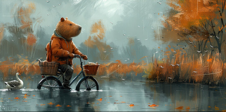 A Painting Of A Teddy Bear Riding A Bike In The Rain With A Dog On The Other Side Of The Bike.