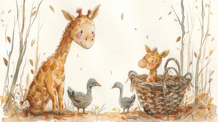 a giraffe standing next to a baby giraffe next to a duck and a giraffe.