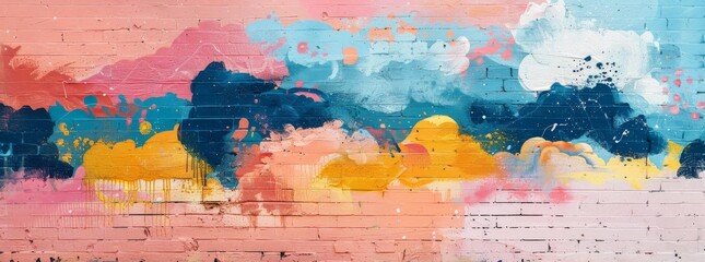 Colorful abstract graffiti on a brick wall, blending pink, yellow, and blue hues with speckled paint drops, embodying urban creativity.