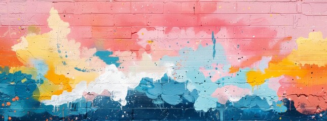 Colorful abstract graffiti on a brick wall, blending pink, yellow, and blue hues with speckled paint drops, embodying urban creativity.