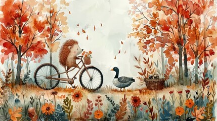 a watercolor painting of a hedge riding a bike with a hedgehog on it and a duck in the foreground. - obrazy, fototapety, plakaty