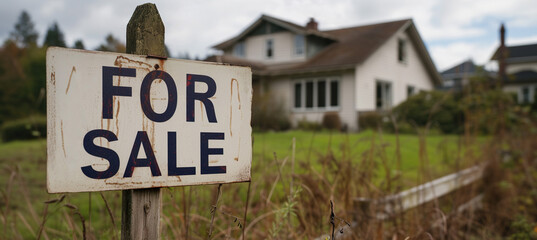 House for sale sign. Real estate housing market bubble, high and rising property price concept, unaffordable mortgage