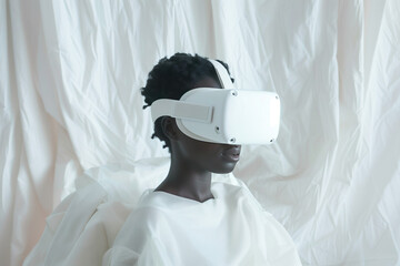 Afro american woman wearing virtual reality glasses. White wall background. AI Generated