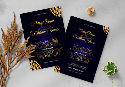 Dark Blue Color Wedding Invitation Card Design Layout