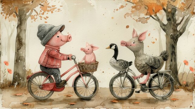 a painting of a pig riding a bike with a pig on the back of it and a duck on the back of it.