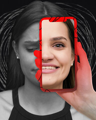 Modern aesthetic artwork. Split image of woman's face, sad on one side, happy on other through red...