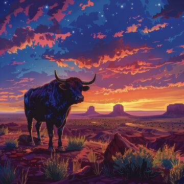 Illustration of a Texas Longhorn Steer in the desert at sunset