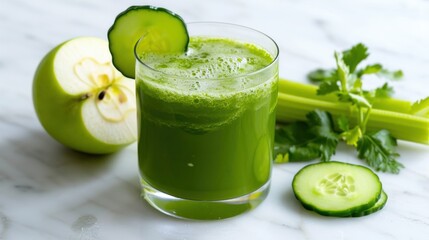 Cold-pressed green juice, mix of cucumber, apple, and celery, refreshing and clean, white minimalist setting.