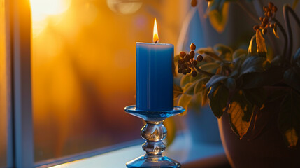 A bold electric blue candle standing tall in a simple glass holder, creating a striking focal point in the room.