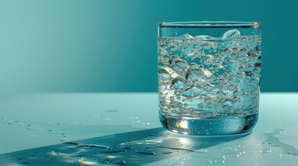 a close up of a glass of water with a cell phone on the side of the glass and water droplets on the surface.