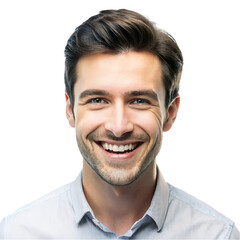 Portrait of young happy smiling man, isolated on transparent background.