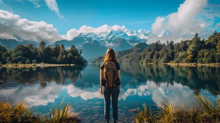 Woman Contemplating Nature While Standing Near Mountain Lake - obrazy, fototapety, plakaty