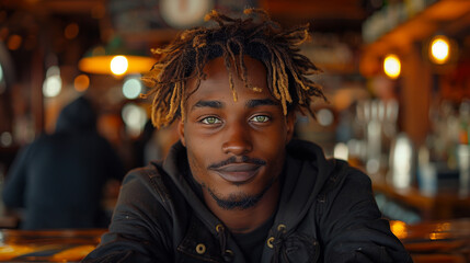 Fototapeta premium A photo of an attractive young black man sitting in a bar. He has messy blonde hair and soft green eyes. Casual at night time with people around him.