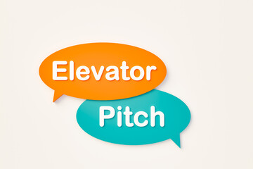 Elevator pitch, chat bubble in orange, blue colors. Apply, presentation, impress, convince, impose, recruitment, sales pitch, presentation speech. 3D illustration