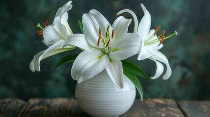 a white vase filled with white lilies on top of a wooden table in front of a dark green background.