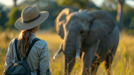 A ranger stands in front of an elephant in Africa