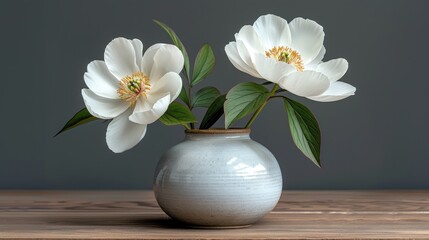 a vase filled with white flowers sitting on top of a wooden table next to a green leafy plant on top of a wooden table.