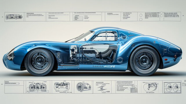 a side of the image is in blueprint technical drawing style of a experimental car,generative ai