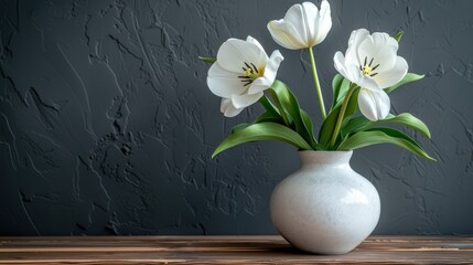 Obraz na płótnie Canvas a white vase filled with white flowers sitting on top of a wooden table in front of a dark gray wall.