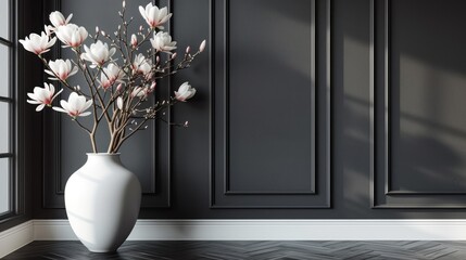 a white vase filled with white flowers sitting on top of a hard wood floor next to a black paneled wall.