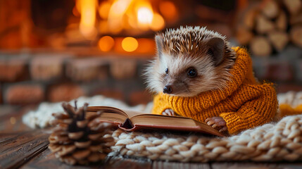Hedgehog in a knitted sweater reading a book by the fireplace a cozy and quirky indoor moment