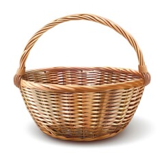 Obraz premium A basket is empty and sitting on a white background. The basket is made of wicker and has a handle