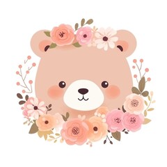 Fototapeta premium vector illustration cartoon cute bear with a flower crown on its head. The bear has a happy expression and is surrounded by a colorful floral arrangement