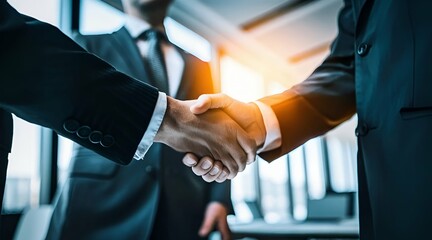 Close up Business handshake. Two corporate businessman shaking hands during meeting in office. no faces., photo