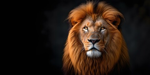 Amajesticgoldenlionwithafierymaneanddarkbackdrop. Concept Wildlife Photography, Lion Portrait, Golden Mane, Dark Background, Majestic Animal