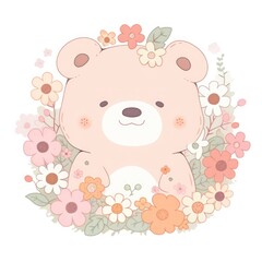 Fototapeta premium vector illustration cartoon cute cartoon bear is surrounded by flowers. The bear is smiling and he is happy