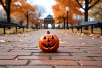 A jack o lantern pumpkin placed on a brick walkway