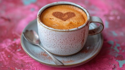 a cup of coffee on a saucer with a heart drawn in the foam on the top of the cup.