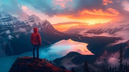 Person Enjoying Mountain Lake View at Sunrise - obrazy, fototapety, plakaty