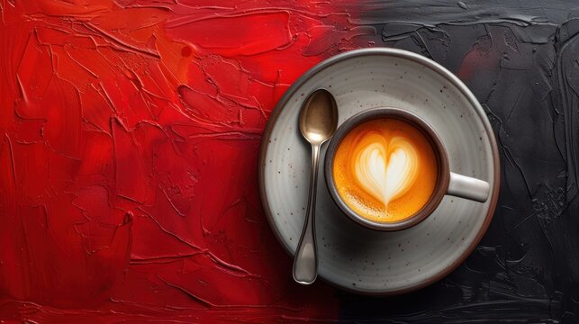 a cup of coffee on a saucer with a spoon and spoon rest on a saucer with a heart painted on it.