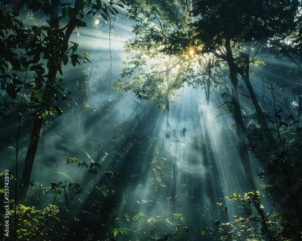 Poster shadow forests pierced by light beams ethereal rays filtering through dense canopy highlighting natu