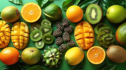 a bunch of different types of fruit on a green surface with leaves and oranges on the side of the picture.